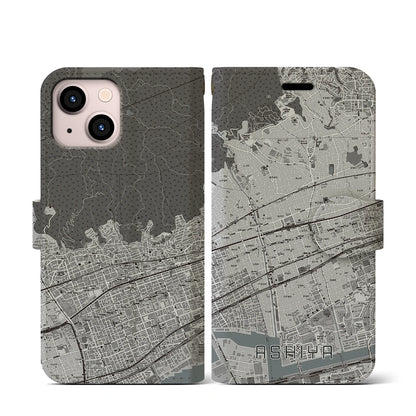 【芦屋（兵庫県）】地図柄iPhoneケース（手帳タイプ）モノトーン・iPhone 13 mini 用