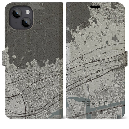 【芦屋（兵庫県）】地図柄iPhoneケース（手帳タイプ）モノトーン・iPhone 14 Plus 用