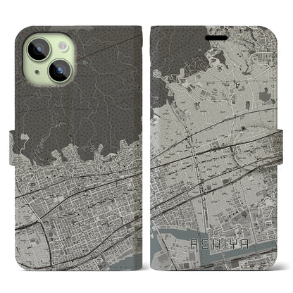 【芦屋（兵庫県）】地図柄iPhoneケース（手帳タイプ）モノトーン・iPhone 15 用