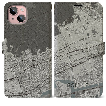 【芦屋（兵庫県）】地図柄iPhoneケース（手帳タイプ）モノトーン・iPhone 15 Plus 用