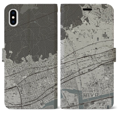 【芦屋（兵庫県）】地図柄iPhoneケース（手帳タイプ）モノトーン・iPhone XS Max 用