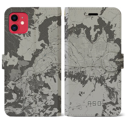 【阿蘇2（熊本県）】地図柄iPhoneケース（手帳タイプ）モノトーン・iPhone 11 用