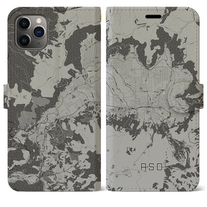 【阿蘇2（熊本県）】地図柄iPhoneケース（手帳タイプ）モノトーン・iPhone 11 Pro Max 用