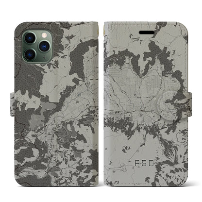 【阿蘇2（熊本県）】地図柄iPhoneケース（手帳タイプ）モノトーン・iPhone 11 Pro 用