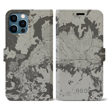 【阿蘇2（熊本県）】地図柄iPhoneケース（手帳タイプ）モノトーン・iPhone 12 / 12 Pro 用