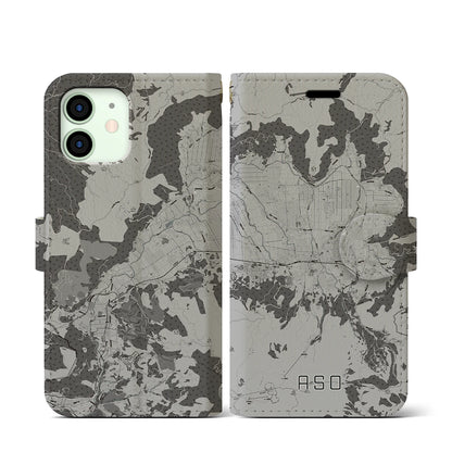 【阿蘇2（熊本県）】地図柄iPhoneケース（手帳タイプ）モノトーン・iPhone 12 mini 用