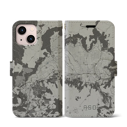 【阿蘇2（熊本県）】地図柄iPhoneケース（手帳タイプ）モノトーン・iPhone 13 mini 用