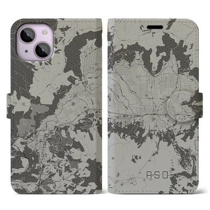 【阿蘇2（熊本県）】地図柄iPhoneケース（手帳タイプ）モノトーン・iPhone 14 用