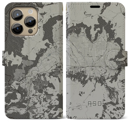 【阿蘇2（熊本県）】地図柄iPhoneケース（手帳タイプ）モノトーン・iPhone 14 Pro Max 用