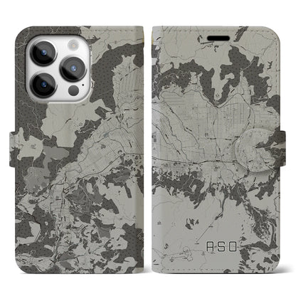 【阿蘇2（熊本県）】地図柄iPhoneケース（手帳タイプ）モノトーン・iPhone 14 Pro 用