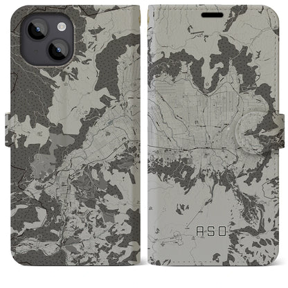 【阿蘇2（熊本県）】地図柄iPhoneケース（手帳タイプ）モノトーン・iPhone 14 Plus 用