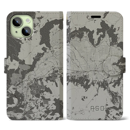 【阿蘇2（熊本県）】地図柄iPhoneケース（手帳タイプ）モノトーン・iPhone 15 用