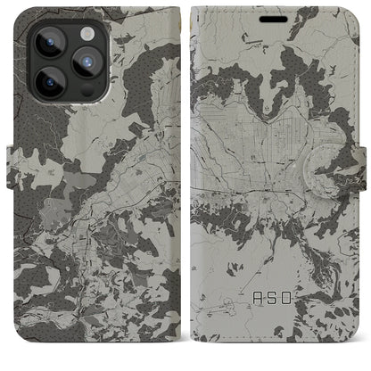 【阿蘇2（熊本県）】地図柄iPhoneケース（手帳タイプ）モノトーン・iPhone 15 Pro Max 用