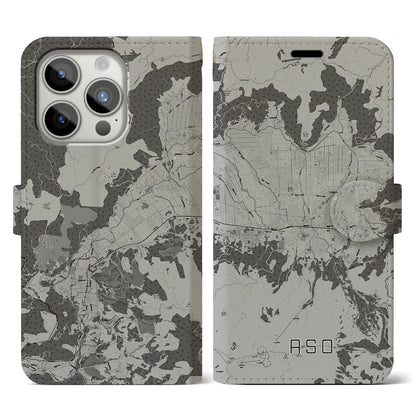 【阿蘇2（熊本県）】地図柄iPhoneケース（手帳タイプ）モノトーン・iPhone 15 Pro 用