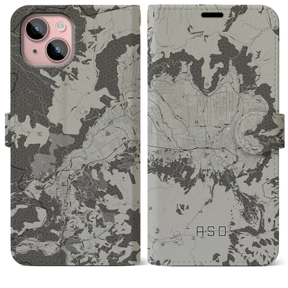 【阿蘇2（熊本県）】地図柄iPhoneケース（手帳タイプ）モノトーン・iPhone 15 Plus 用