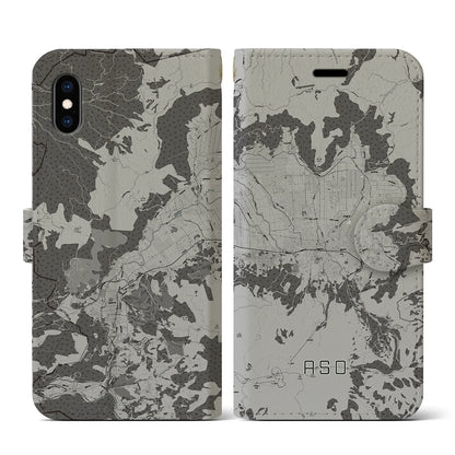 【阿蘇2（熊本県）】地図柄iPhoneケース（手帳タイプ）モノトーン・iPhone XS / X 用
