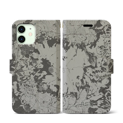 【阿蘇（熊本県）】地図柄iPhoneケース（手帳タイプ）モノトーン・iPhone 12 mini 用