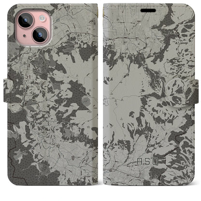 【阿蘇（熊本県）】地図柄iPhoneケース（手帳タイプ）モノトーン・iPhone 15 Plus 用