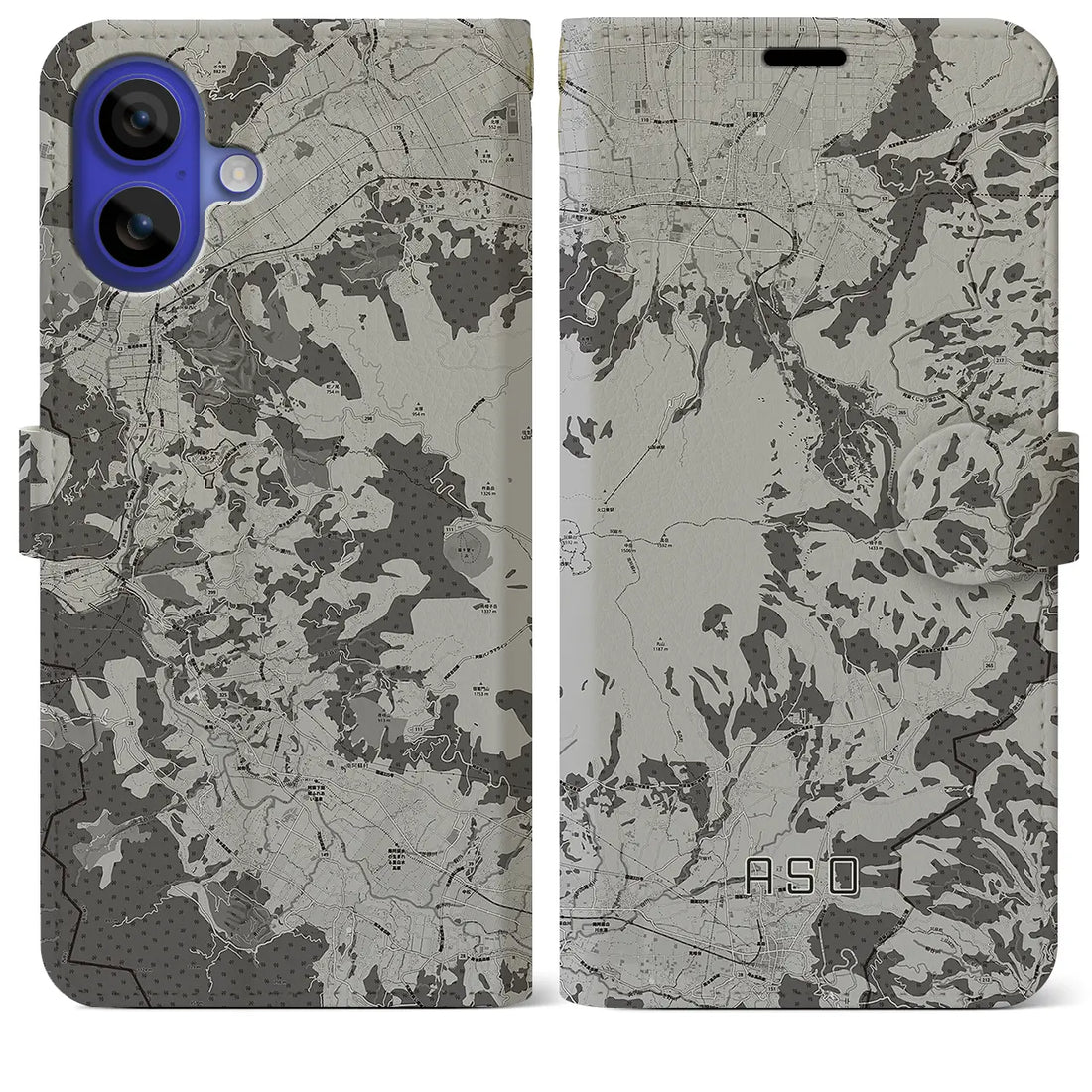 【阿蘇(熊本県)】地図柄iPhoneケース(手帳タイプ)モノトーン・iPhone 16 Pro Max 用