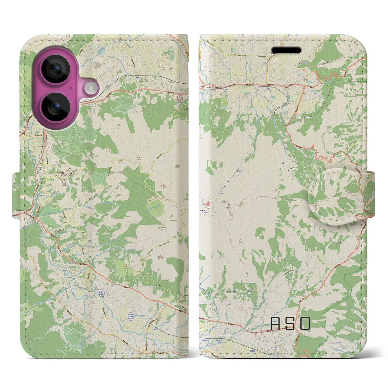 【阿蘇（熊本県）】地図柄iPhoneケース（手帳タイプ）ナチュラル・iPhone 16 Pro 用