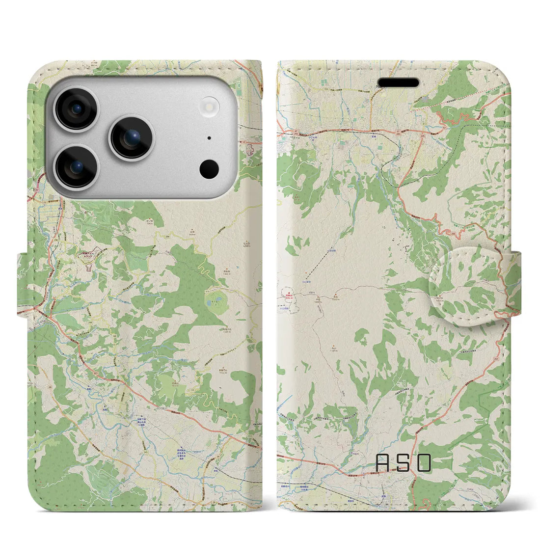 【阿蘇（熊本県）】地図柄iPhoneケース（手帳タイプ）ナチュラル・iPhone 17 Pro Max 用