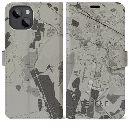 【アスタナ（カザフスタン）】地図柄iPhoneケース（手帳タイプ）モノトーン・iPhone 14 Plus 用