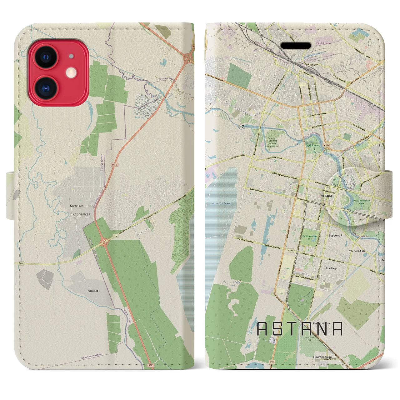 【アスタナ（カザフスタン）】地図柄iPhoneケース（手帳タイプ）ナチュラル・iPhone 11 用