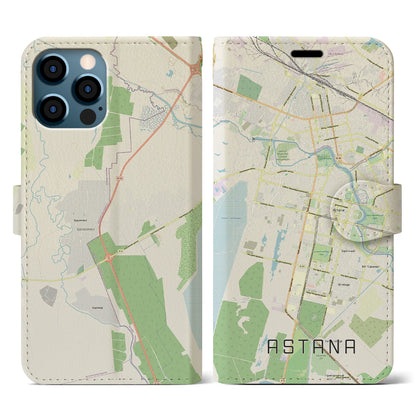 【アスタナ（カザフスタン）】地図柄iPhoneケース（手帳タイプ）ナチュラル・iPhone 12 / 12 Pro 用