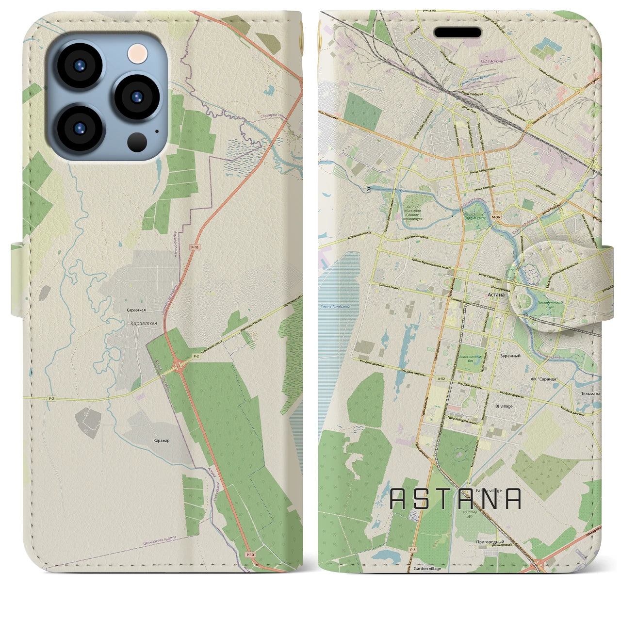 【アスタナ（カザフスタン）】地図柄iPhoneケース（手帳タイプ）ナチュラル・iPhone 13 Pro Max 用