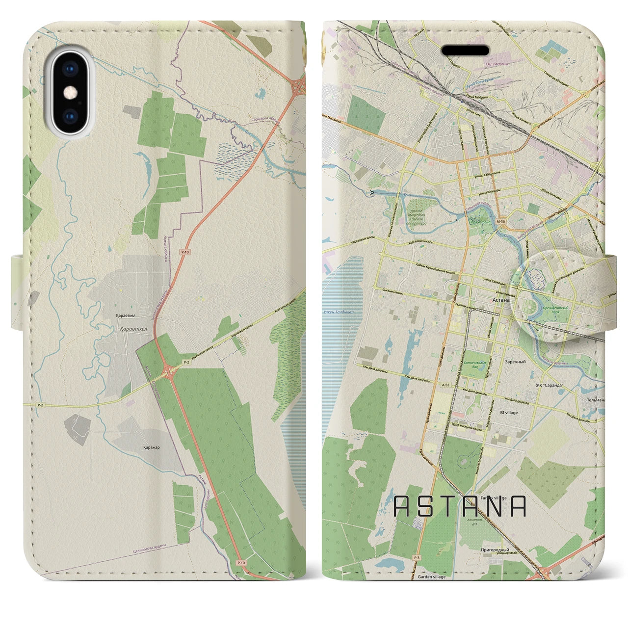 【アスタナ（カザフスタン）】地図柄iPhoneケース（手帳タイプ）ナチュラル・iPhone XS Max 用