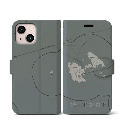 【アスティパレア（ギリシャ）】地図柄iPhoneケース（手帳タイプ）モノトーン・iPhone 13 mini 用