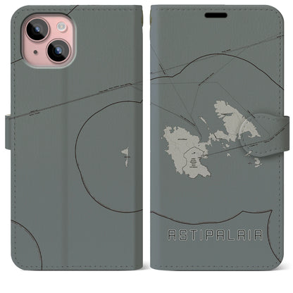 【アスティパレア（ギリシャ）】地図柄iPhoneケース（手帳タイプ）モノトーン・iPhone 15 Plus 用