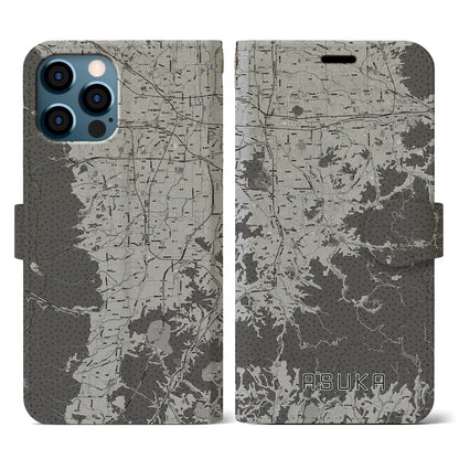 【明日香（奈良県）】地図柄iPhoneケース（手帳タイプ）モノトーン・iPhone 12 / 12 Pro 用