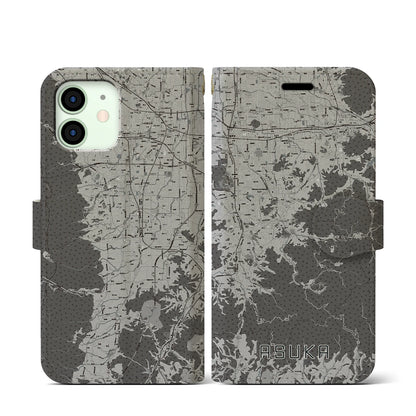 【明日香（奈良県）】地図柄iPhoneケース（手帳タイプ）モノトーン・iPhone 12 mini 用