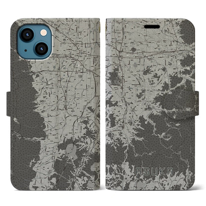 【明日香（奈良県）】地図柄iPhoneケース（手帳タイプ）モノトーン・iPhone 13 用