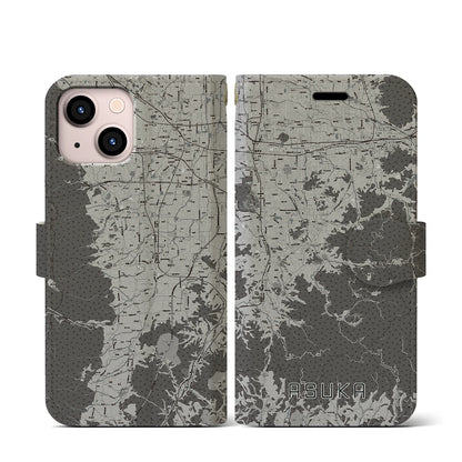 【明日香（奈良県）】地図柄iPhoneケース（手帳タイプ）モノトーン・iPhone 13 mini 用