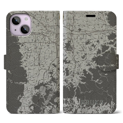 【明日香（奈良県）】地図柄iPhoneケース（手帳タイプ）モノトーン・iPhone 14 用