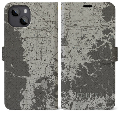 【明日香（奈良県）】地図柄iPhoneケース（手帳タイプ）モノトーン・iPhone 14 Plus 用