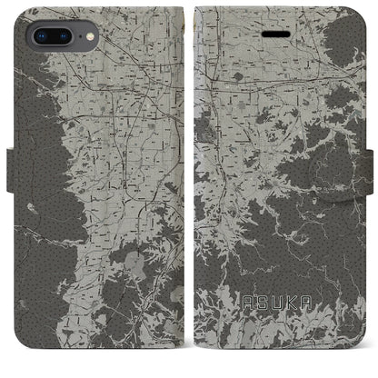 【明日香（奈良県）】地図柄iPhoneケース（手帳タイプ）モノトーン・iPhone 8Plus /7Plus / 6sPlus / 6Plus 用