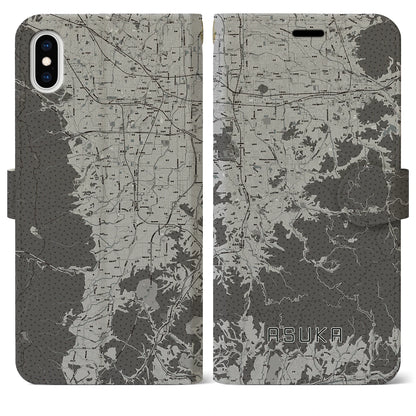 【明日香（奈良県）】地図柄iPhoneケース（手帳タイプ）モノトーン・iPhone XS Max 用