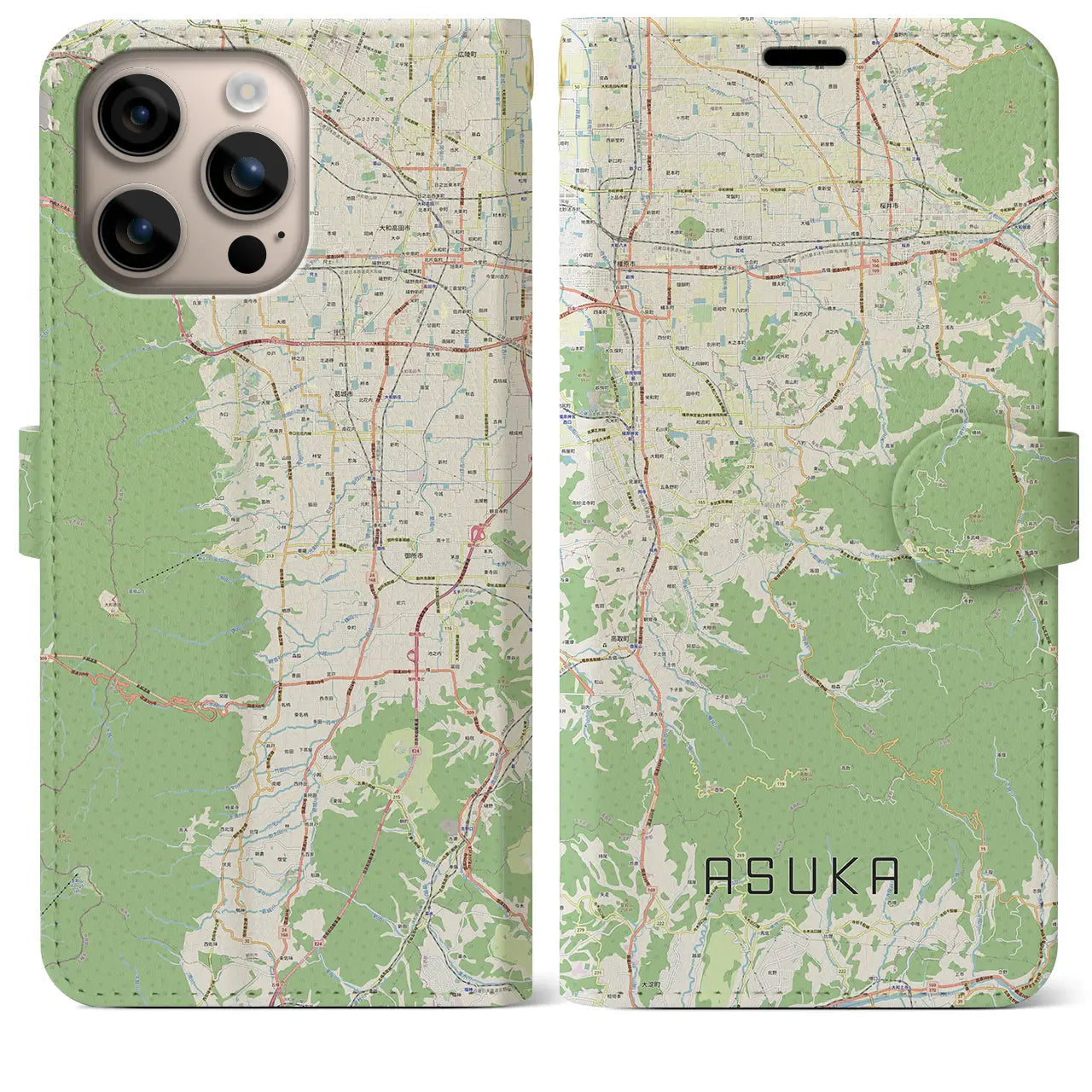 【明日香（奈良県）】地図柄iPhoneケース（手帳タイプ）ナチュラル・iPhone 16 Plus 用