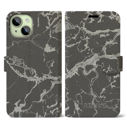 【足助（愛知県）】地図柄iPhoneケース（手帳タイプ）モノトーン・iPhone 15 用