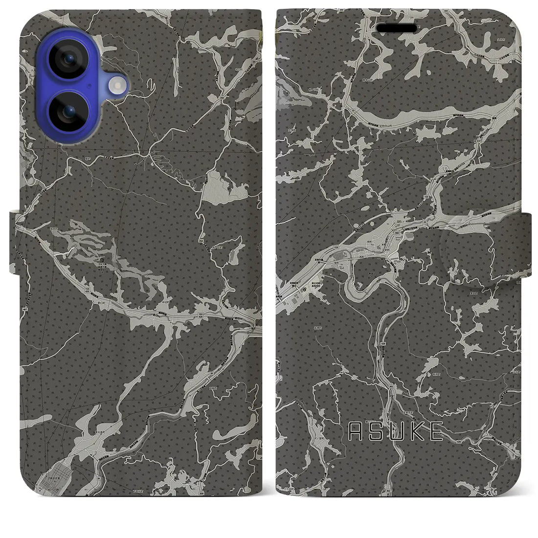 【足助(愛知県)】地図柄iPhoneケース(手帳タイプ)モノトーン・iPhone 16 Pro Max 用