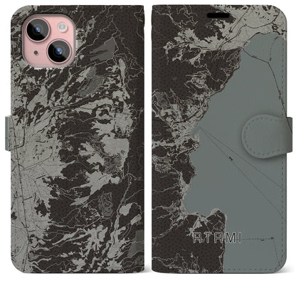 【熱海（静岡県）】地図柄iPhoneケース（手帳タイプ）モノトーン・iPhone 15 Plus 用