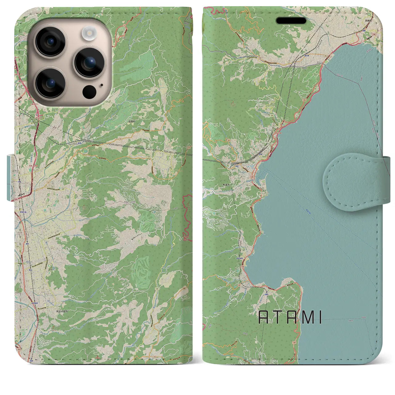 【熱海（静岡県）】地図柄iPhoneケース（手帳タイプ）ナチュラル・iPhone 16 Plus 用