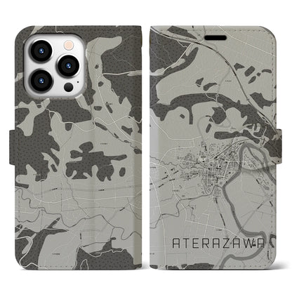 【左沢（山形県）】地図柄iPhoneケース（手帳タイプ）モノトーン・iPhone 13 Pro 用