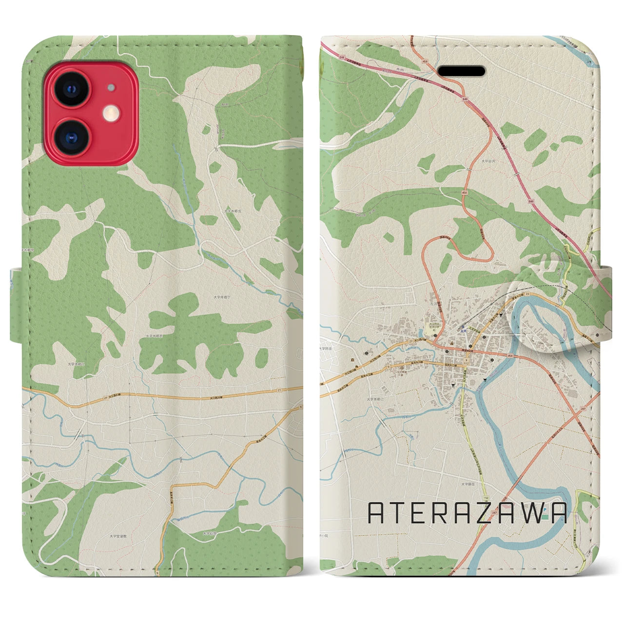 【左沢（山形県）】地図柄iPhoneケース（手帳タイプ）ナチュラル・iPhone 11 用