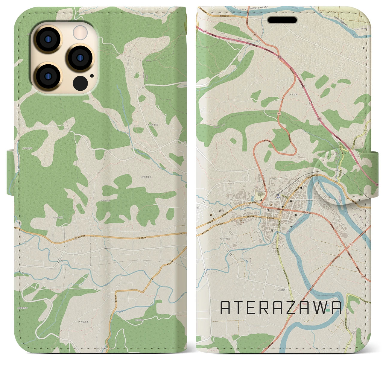 【左沢（山形県）】地図柄iPhoneケース（手帳タイプ）ナチュラル・iPhone 12 Pro Max 用