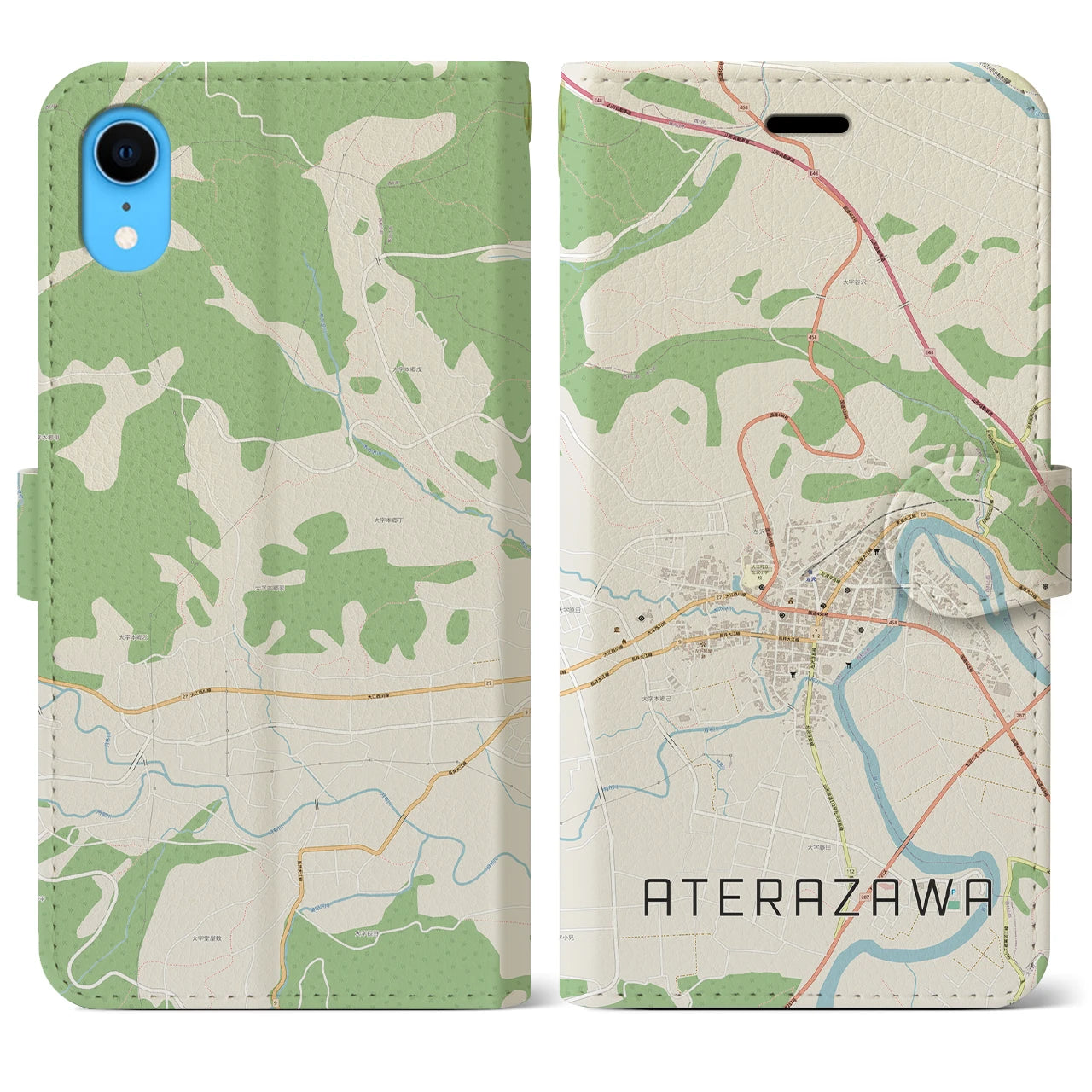 【左沢（山形県）】地図柄iPhoneケース（手帳タイプ）ナチュラル・iPhone XR 用