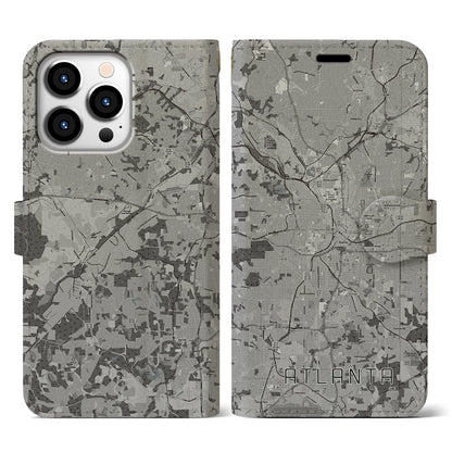 【アトランタ（アメリカ）】地図柄iPhoneケース（手帳タイプ）モノトーン・iPhone 13 Pro 用
